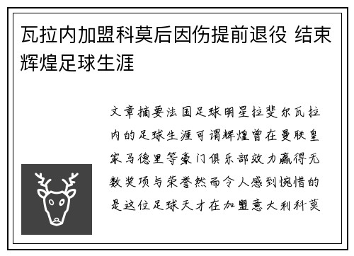 瓦拉内加盟科莫后因伤提前退役 结束辉煌足球生涯