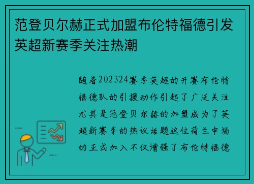 范登贝尔赫正式加盟布伦特福德引发英超新赛季关注热潮