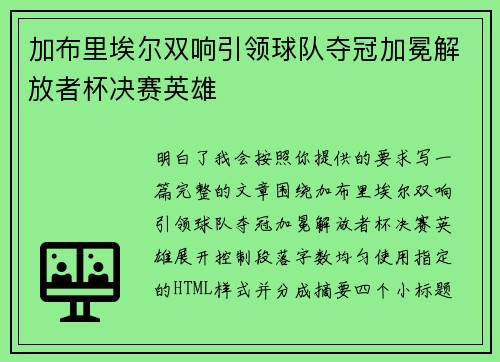 加布里埃尔双响引领球队夺冠加冕解放者杯决赛英雄 加布里埃尔双响引领球队夺冠加冕解放者杯决赛英雄